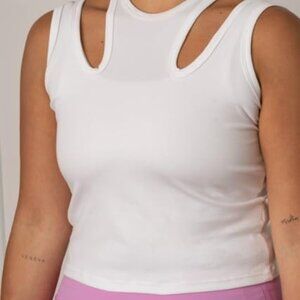 Women's White Cotton Tank Top with Cutout Details, Sleeveless Fitted Cami